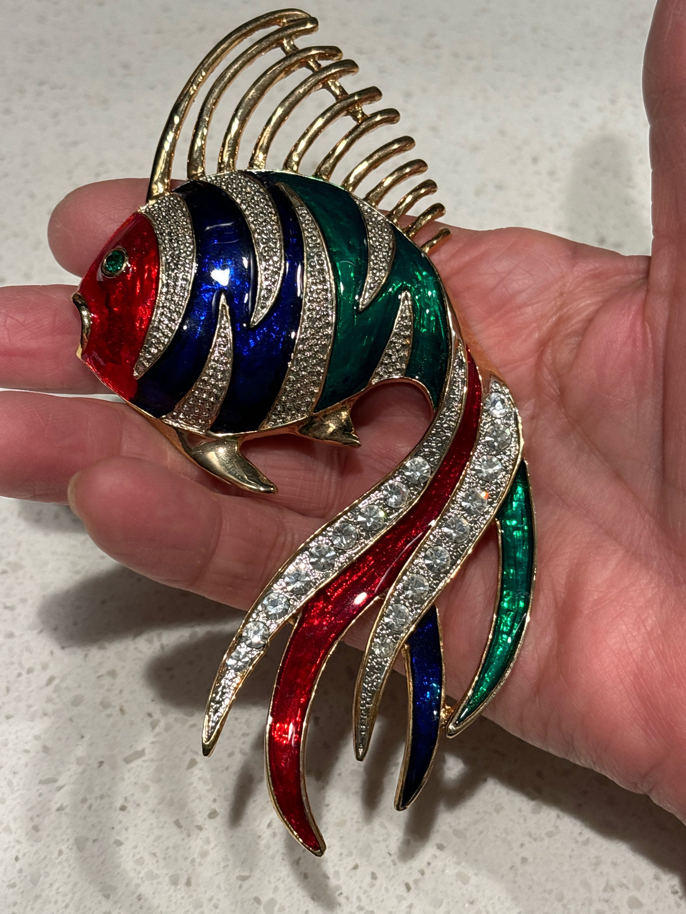 Broche Poisson Exotique Email Bleu Vert - Strass - Bijou Fantaisie Femme - Neuf