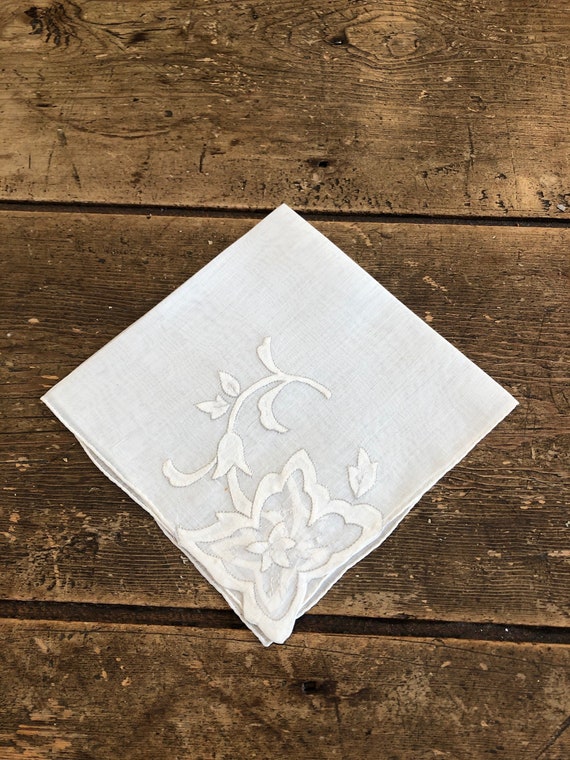White Floral Linen Handkerchief