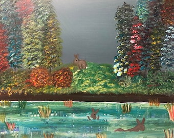 Conejos de pantano al anochecer - Pintura acrílica original