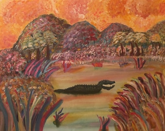 Caimán en Fire Creek - Pintura acrílica original