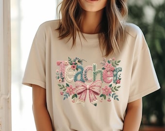 Teacher Shirt, Faux Yarn Crochet Floral Design Tee, Teacher Floral T-Shirt, Retro Coquette Sweatshirt, Spring Teacher T-Shirt