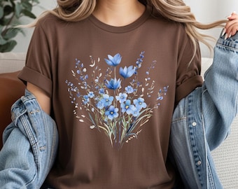 Blue Flower Bouquet T-Shirt, Flower Lover Shirt, Retro Floral Shirt, Retro Floral Sweatshirt, New Mom Gift, Gift for Nature Lover