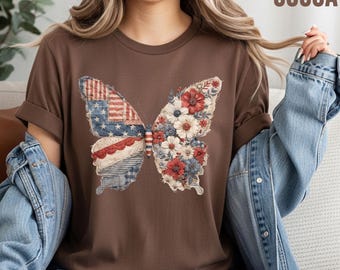 Faux Patchwork Patriotic Butterfly Shirt, American Flag Butterfly Toddler Tee, Floral USA Sweatshirt, Independence Day Gift, 4th Of July Tee