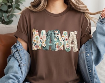 Floral Mama T-Shirt, Faux Patchwork Floral Coquette Bow Shirt, Mother's Day Gift, Aesthetic Mama Sweatshirt, New Mom Gift