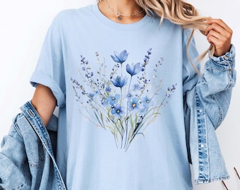 Comfort Colors® Blaues Blumenstrauß-T-Shirt, Blumenliebhaber-Shirt, Retro-Blumenhemd, Retro-Blumenhemd, Trend Muttertagsgeschenk