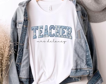 Personalized Teacher Name Floral Shirt, Faux Patchwork Teacher T-Shirt, Custom Teacher Gift, Back To School, Personalized Teacher Shirts