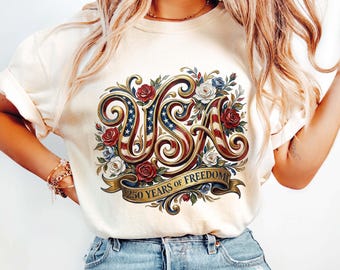 Comfort Colors® 250 Years of Freedom Floral Tee, America 250 Shirt, Patriotic Woman Gift, Happy 4th Of July Shirt, Fourth of July Floral Tee