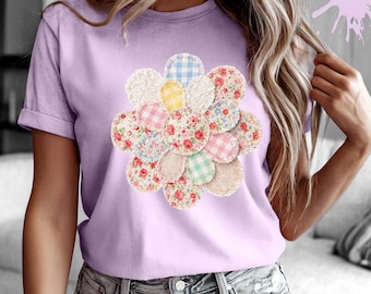 Faux Patchwork Daisy Flower T-Shirt, Floral Summer Shirt, Floral Toddler Tee, Vintage Aesthetic Flower Sweatshirt