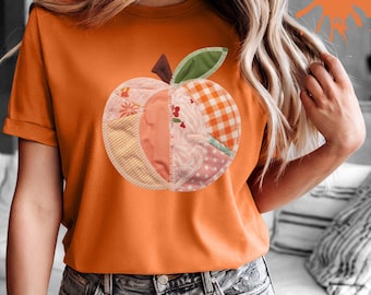Faux Patchwork Peach T-Shirt, Summer Toddler Shirt, Peach Fruit Sweatshirt,  Farmhouse Gingham Floral Vintage Fruit