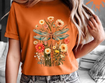 Dragonfly Shirt, Botanical Nature T-Shirt, Wildflower Sweatshirt, Vintage Floral Tee, Cute Women T-Shirt, Garden Lover Gift
