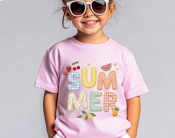 Faux Patchwork Summer T-Shirt, Lemon Shirt, Cherry Shirt, Floral Summer Toddler Shirt, Quilted Gingham Floral Cottagecore T-Shirt