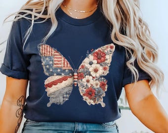 Comfort Colors® Faux Patchwork Patriotic Butterfly Shirt, American Flag Butterfly Tee, Floral USA Shirt, Independence Day Gift