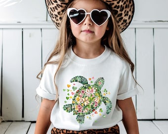 Boho Floral Sea Turtle T-Shirt, Brushstroke Turtle Toddler Sweatshirt, Trend Summer Beach Tee, Turtle Aesthetic Summer Shirt