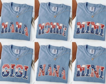 Comfort Colors® Faux Patchwork Mama T-Shirt, 4. Juli Familie Passendes Shirt, USA Mama T-Shirt, Mama Nana Gigi Mimi Shirt, Muttertagsgeschenk