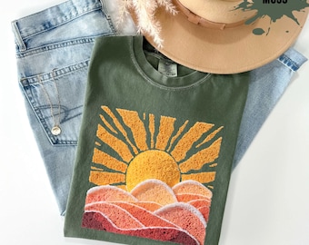 Comfort Colors® Vintage Sonnenuntergang T-Shirt, Retro Sonne Boho Sweatshirt, Western Wüste Sonnenuntergang Kleinkind T-Shirt, Kunstgarn Boho Wüste Grafik T-Shirt