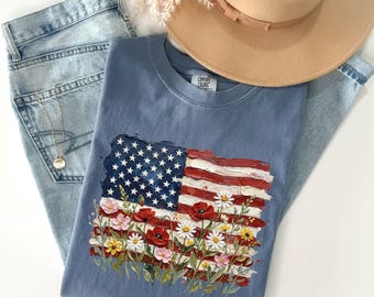 Comfort Colors® American Flag Hand-painted T-Shirt, 250 Years of Freedom Floral Tee, America 250 Shirt,  Patriotic Graphic Shirt