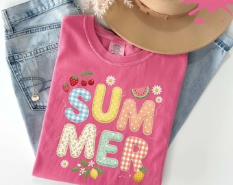 Comfort Colors® Faux Patchwork Summer T-Shirt, Lemon Shirt, Cherry Shirt, Floral Summer Shirt, Quilted Gingham Floral Cottagecore Tee