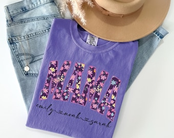 Chemise maman à fleurs personnalisée Comfort Colors®, t-shirt maman avec prénom pour enfant, chemise maman à fleurs personnalisée, cadeau pour la fête des Mères