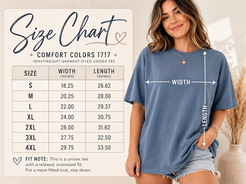Puede incluir: Una camiseta azul de manga corta con una tabla de tallas. La tabla enumera la Comfort Colors 1717 Heavyweight Garment-Dyed Unisex Tee con tallas de S a 4XL, mostrando anchos de 46,36 a 75,57 cm y largos de 67,61 a 85,09 cm.