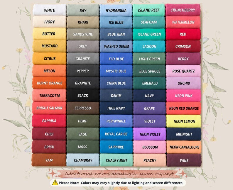 Puede incluir: Una carta de colores que presenta una cuadr&iacute;cula de muestras de tela rectangulares en varios tonos, cada una etiquetada con su nombre de color espec&iacute;fico. La cuadr&iacute;cula est&aacute; organizada en cinco columnas, mostrando un amplio espectro de colores desde blancos hasta neones.