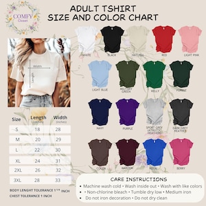 Peut inclure: Tableau des tailles et des couleurs de t-shirts pour adultes. Comprend une vari&eacute;t&eacute; de couleurs : blanc, noir, naturel, rouge, rose clair, bleu clair, vert militaire, kelly, for&ecirc;t, marine, violet, gris sport, gris fonc&eacute; chin&eacute;, cacao, bordeaux, royal et baie. Mesures en cm.