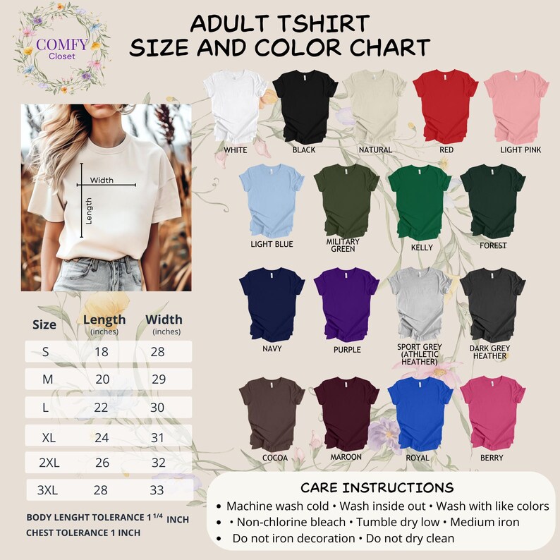 Peut inclure: Tableau des tailles et des couleurs de t-shirts pour adultes. Comprend une vari&eacute;t&eacute; de couleurs : blanc, noir, naturel, rouge, rose clair, bleu clair, vert militaire, kelly, for&ecirc;t, marine, violet, gris sport, gris fonc&eacute; chin&eacute;, cacao, bordeaux, royal et baie. Mesures en cm.