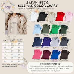 Peut inclure: Tableau des tailles et des couleurs du sweat-shirt &agrave; capuche adulte Gildan 18500. Le tableau pr&eacute;sente diverses couleurs, dont le blanc, le noir, le rouge et le bleu. Les mesures sont en pouces, avec une taille S de 50.8 cm de long et 68.6 cm de large.