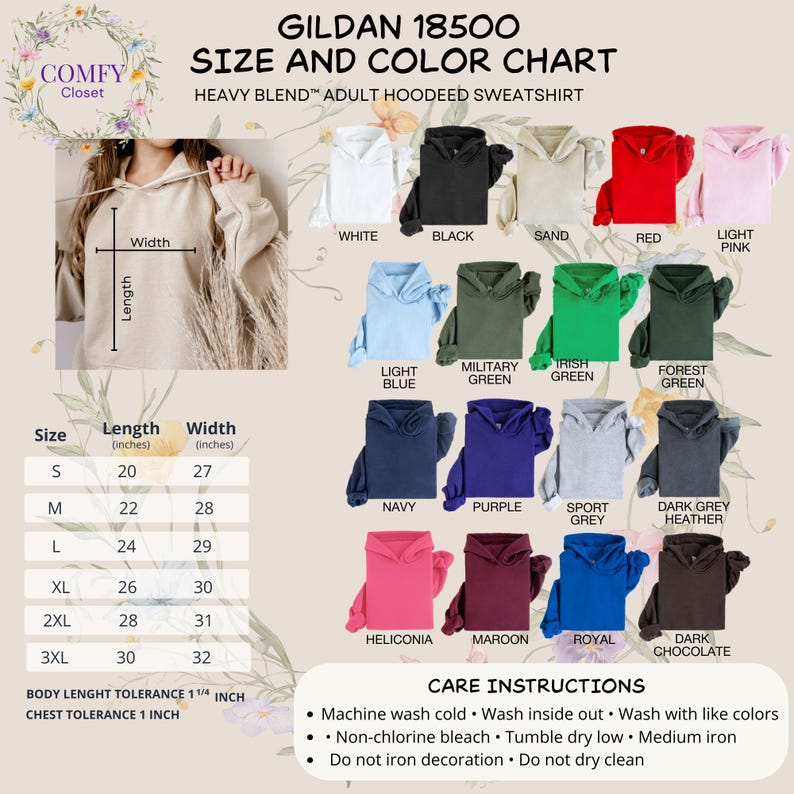 Peut inclure: Tableau des tailles et des couleurs du sweat-shirt &agrave; capuche adulte Gildan 18500. Le tableau pr&eacute;sente diverses couleurs, dont le blanc, le noir, le rouge et le bleu. Les mesures sont en pouces, avec une taille S de 50.8 cm de long et 68.6 cm de large.