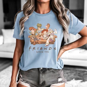 Pu&ograve; includere: T-shirt azzurra con una grafica dei personaggi di Toy Story su un divano, con la scritta "FRIENDS SINCE 1995" in marrone. Il design include Woody, Buzz Lightyear e altri personaggi del film d'animazione.