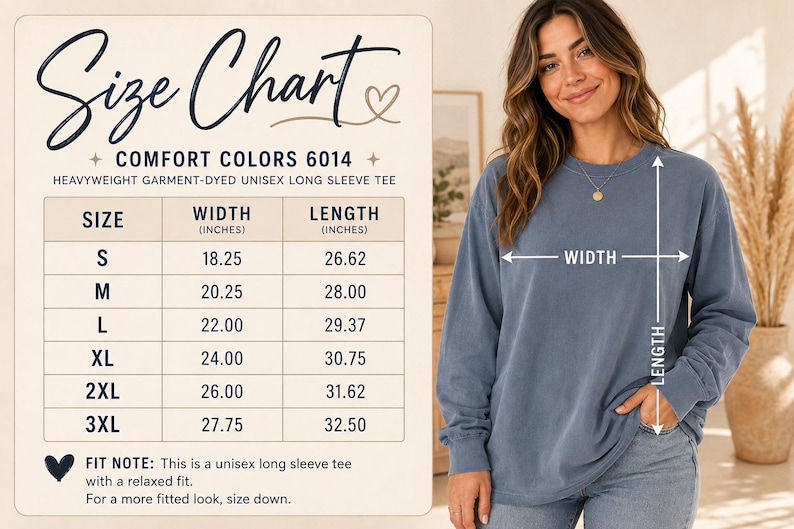 Puede incluir: Una tabla de tallas para una camiseta unisex de manga larga Comfort Colors 6014 te&ntilde;ida en prenda. La tabla enumera las tallas de la S a la 3XL con las medidas de ancho y largo en pulgadas. Se muestra una camiseta azul como referencia.