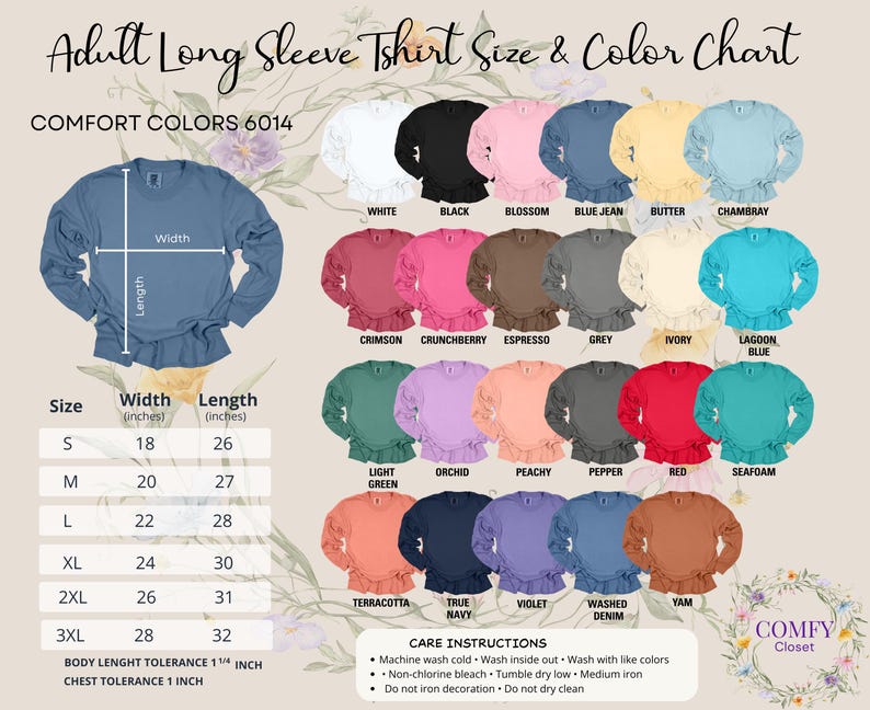 May include: A size and color chart for adult long-sleeve t-shirts. The chart displays various colors, including white, black, and blue jean. Measurements are provided in inches, with sizes ranging from S to 3XL. Care instructions are also included.