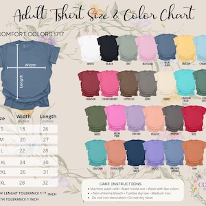 May include: Adult t-shirt size and color chart. The chart displays a variety of t-shirt colors, including white, black, and blue jean. Sizes range from S to 3XL, with width measurements from 18 to 28 inches and lengths from 26 to 32 inches.