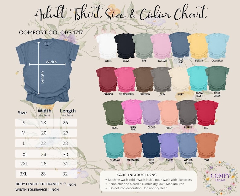 May include: Adult t-shirt size and color chart. The chart displays a variety of t-shirt colors, including white, black, and blue jean. Sizes range from S to 3XL, with width measurements from 18 to 28 inches and lengths from 26 to 32 inches.
