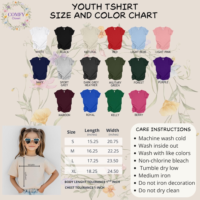 Peut inclure: Un tableau des tailles et couleurs de t-shirts pour enfants pr&eacute;sente diff&eacute;rentes couleurs de t-shirts, dont le blanc, le noir et le rouge. Le tableau indique &eacute;galement les mesures en pouces et les instructions d'entretien. La marque "Comfy Closet" est en haut.