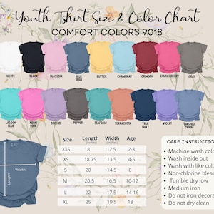 May include: A youth t-shirt size and color chart displays various Comfort Colors t-shirts in multiple colors, including white, black, and blue jean. The chart includes size measurements in inches and care instructions.