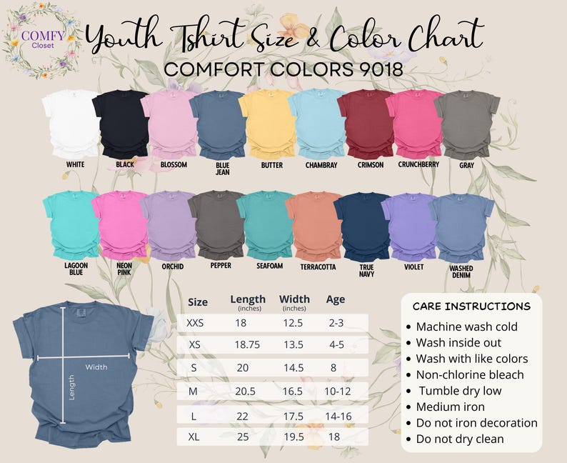May include: A youth t-shirt size and color chart displays various Comfort Colors t-shirts in multiple colors, including white, black, and blue jean. The chart includes size measurements in inches and care instructions.