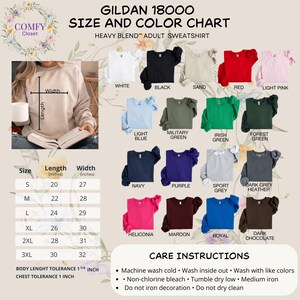 Peut inclure: Un nuancier pour les sweatshirts adultes Gildan 18000 Heavy Blend. Le tableau pr&eacute;sente diverses couleurs, dont le blanc, le noir et le rouge, avec des d&eacute;tails de taille et de mesure en pouces. Des instructions d'entretien sont &eacute;galement fournies.