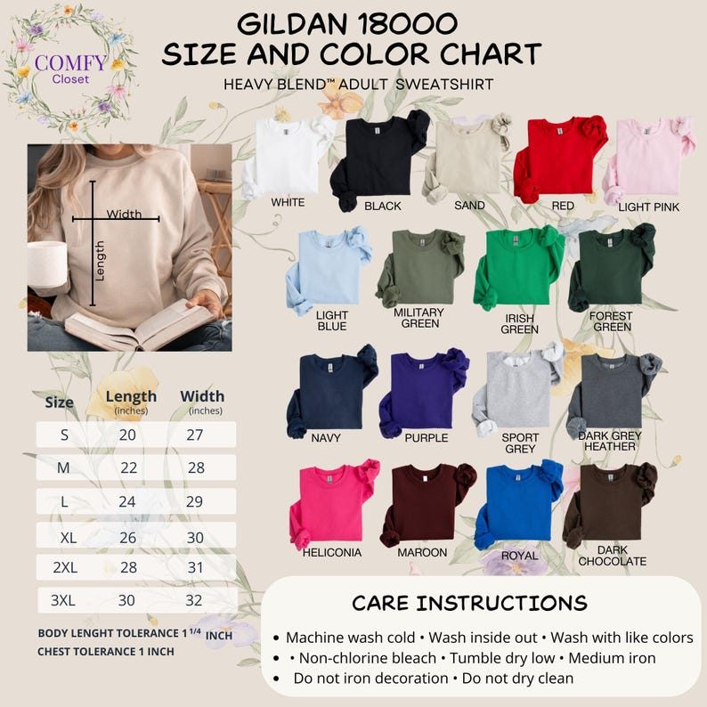 Peut inclure: Un nuancier pour les sweatshirts adultes Gildan 18000 Heavy Blend. Le tableau pr&eacute;sente diverses couleurs, dont le blanc, le noir et le rouge, avec des d&eacute;tails de taille et de mesure en pouces. Des instructions d'entretien sont &eacute;galement fournies.