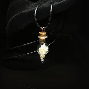 May include: A glass vial necklace with a cork stopper. The vial is filled with small white pieces of material. The necklace is on a black cord.