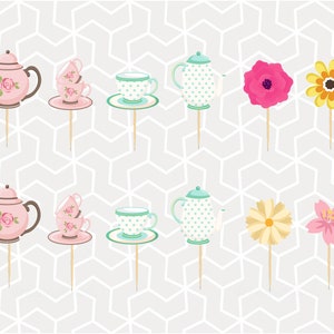 Tea Party Cupcake Toppers or Stickers