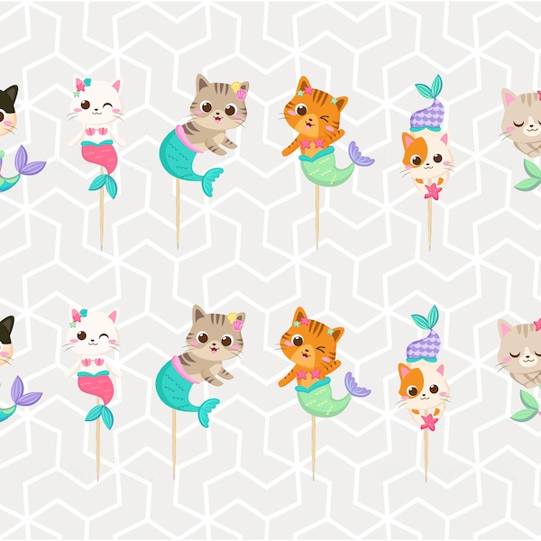 Mermaid Cats Cupcake Toppers  or Stickers
