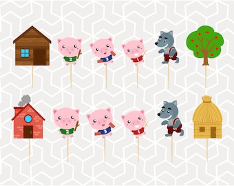 Three Little Pigs Cupcake Toppers or Stickers