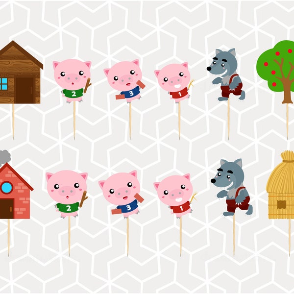 Three Little Pigs Cupcake Toppers or Stickers