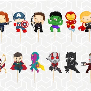 May include: Set of 12 superhero cupcake toppers featuring characters from Marvel Comics, including Black Widow, Captain America, Hawkeye, Hulk, Iron Man, Thor, Spider-Man, Doctor Strange, Vision, Ant-Man, Black Panther, and Star-Lord. The toppers are printed on cardstock and have a stick on the back for easy insertion into cupcakes.
