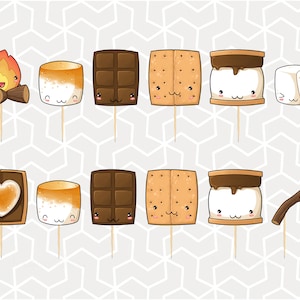 May include: A set of 10 adorable cartoon s'mores, chocolate bars, and marshmallows on sticks. The s'mores have graham crackers, chocolate, and marshmallow layers. The marshmallows have cute faces. The chocolate bars have a brown and white design. The graham crackers have a brown and white design. The marshmallows are white with pink cheeks. The sticks are brown.