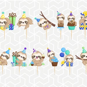 Birthday Sloth Cupcake Toppers or Stickers