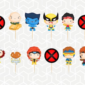 Puede incluir: Un conjunto de 10 adornos para cupcakes con personajes de la serie de cómics X-Men. Los adornos están impresos en cartulina y tienen una X roja sobre un círculo negro. Los personajes incluyen Wolverine, Cíclope, Tormenta, Jean Grey, Bestia, Gambito, Pícara, Rondador Nocturno y el Profesor X.