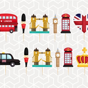 Muffinsdekorationer eller klistermärken med landmärken i London