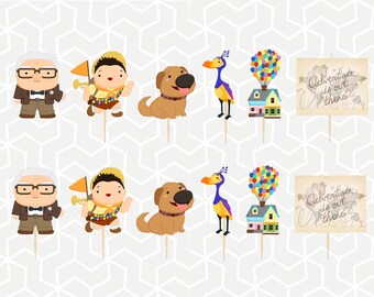 May include: Set of 10 Up cupcake toppers featuring characters from the movie Up. The toppers include Carl Fredricksen, Russell, Dug, Kevin, the house, balloons, and a sign that says "Adventure is out there".