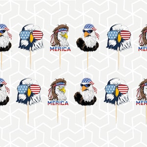 Op de afbeelding: Twaalf cupcake-toppers met een Amerikaanse zeearend die een zonnebril en een rood-wit-blauwe bandana draagt. Sommige adelaars hebben een mohawk en de tekst "MERICA" op hun bandana.